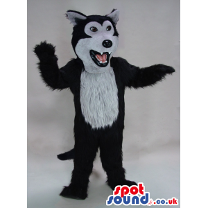 Black Wolf Plush Mascot With A Grey Hairy Belly And Open Mouth
