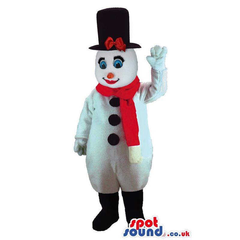 Snow woman mascot with red nose and a red muffler in black hat
