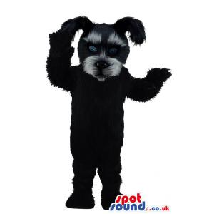 Cute black furry puppy mascot waving hand saying hi