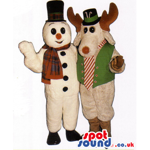 White Snowman And Reindeer Christmas Couple Plush Mascots -
