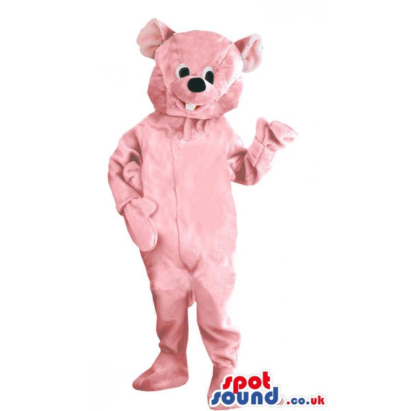 Pink bear mascot with bunny teeth saying hi to you - Custom