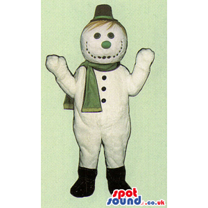 Snowman Mascot Wearing A Green Scarf And A Green Nose - Custom