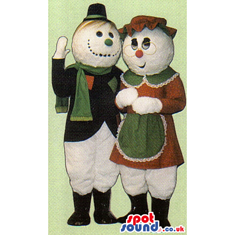 Snowman Couple Mascot Wearing Green And Red Garments - Custom
