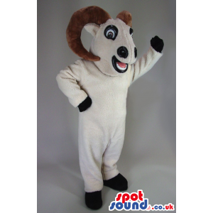 Customizable Happy White Goat Plush Mascot With Curled Brown