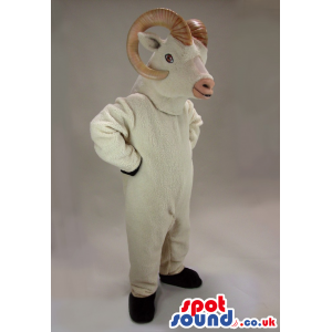 Customizable White Goat Plush Mascot With Curled Beige Horns -