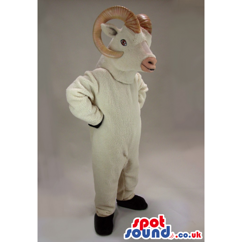 Customizable White Goat Plush Mascot With Curled Beige Horns -