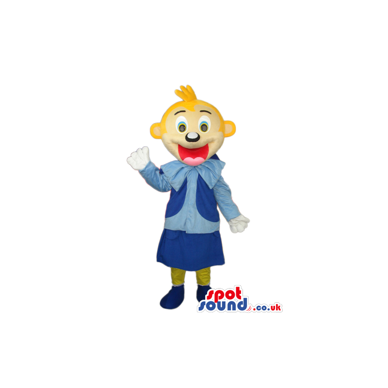Happy Blond Girl Character Mascot Wearing Blue Garments -