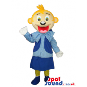 Happy Blond Girl Character Mascot Wearing Blue Garments -