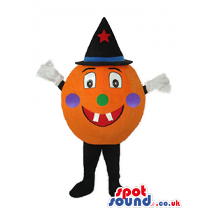 Round Pumpkin Mascot With A Happy Face Wearing A Magician Hat -