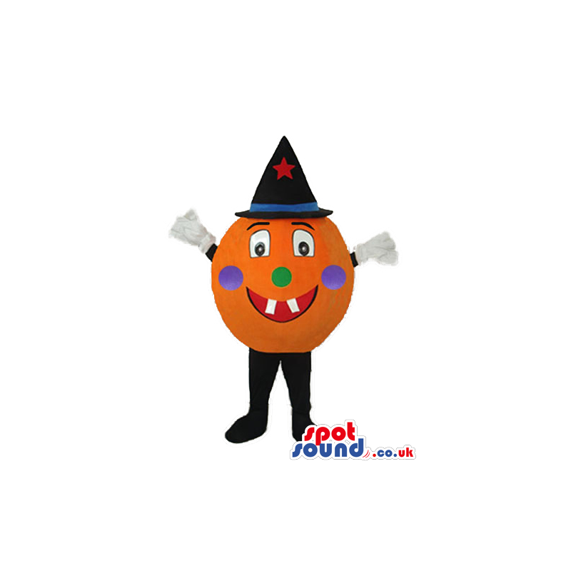 Round Pumpkin Mascot With A Happy Face Wearing A Magician Hat -