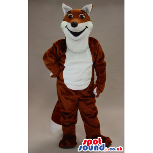 Happy Plush Brown Fox Mascot With A White Belly And Face -