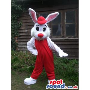 White rabbit mascot dancing in her red jumper and red cap