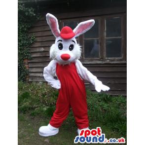 White rabbit mascot dancing in her red jumper and red cap -