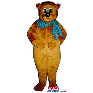 Cute All Brown Teddy Bear Plush Mascot With Blue Neck Scarf -
