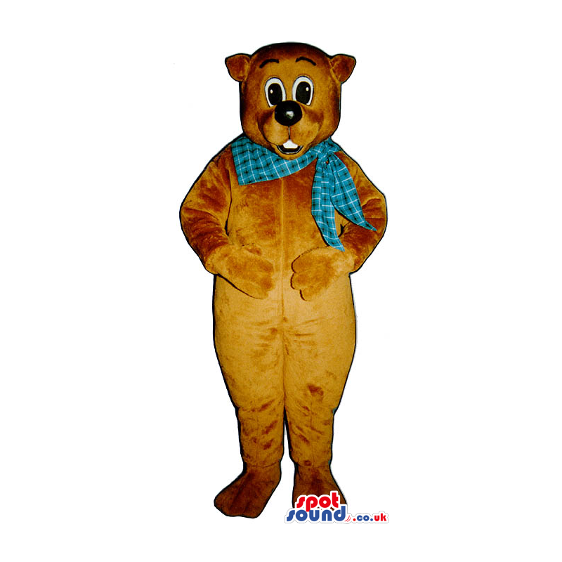 Cute All Brown Teddy Bear Plush Mascot With Blue Neck Scarf -
