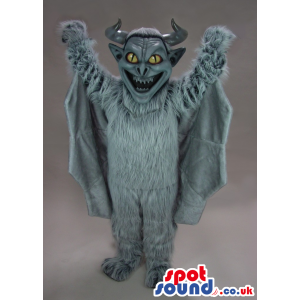 Scary Gray Hairy Devil Character Mascot With Yellow Eyes -
