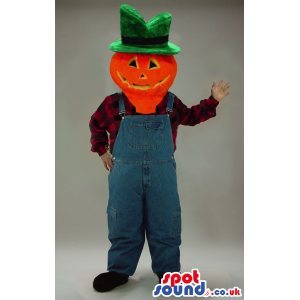 Scarecrow Mascot With Pumpkin Head Wearing Overalls - Custom