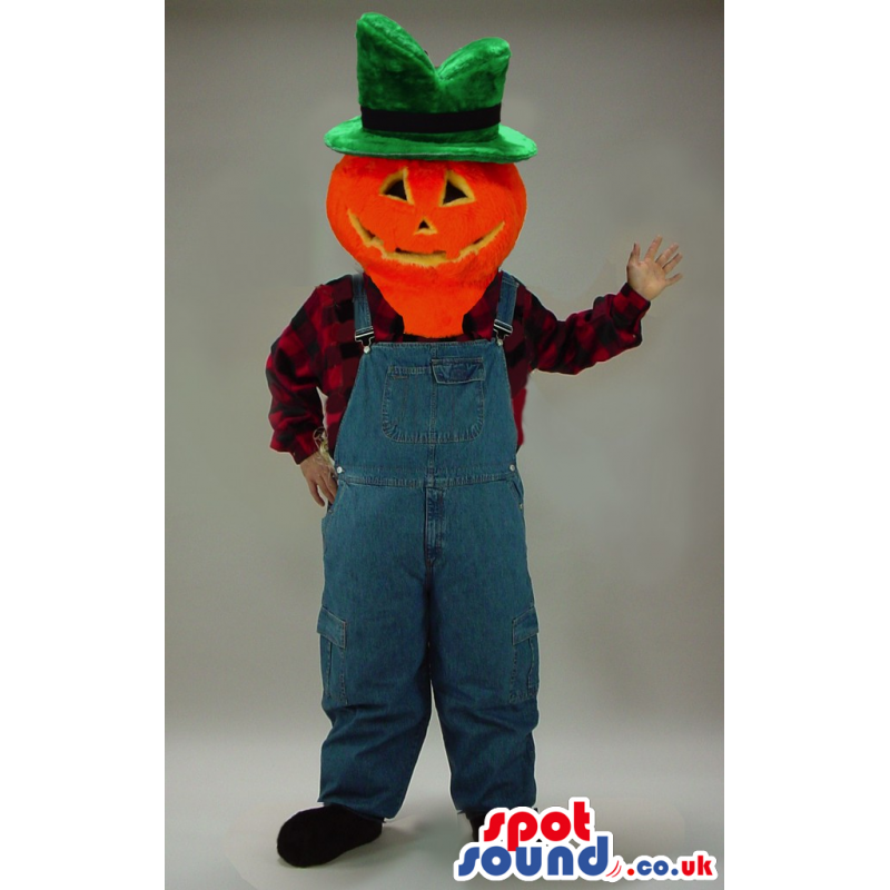 Scarecrow Mascot With Pumpkin Head Wearing Overalls - Custom