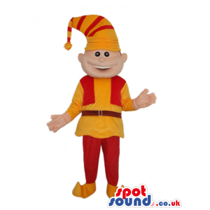 Cute Dwarf Mascot Wearing Red And Yellow Clothes And A Hat -