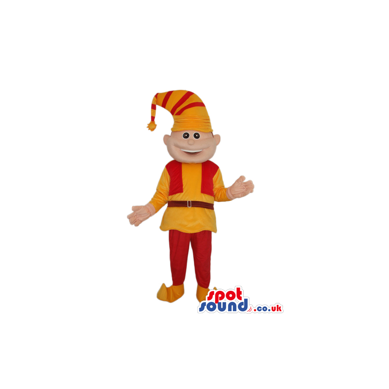 Cute Dwarf Mascot Wearing Red And Yellow Clothes And A Hat -