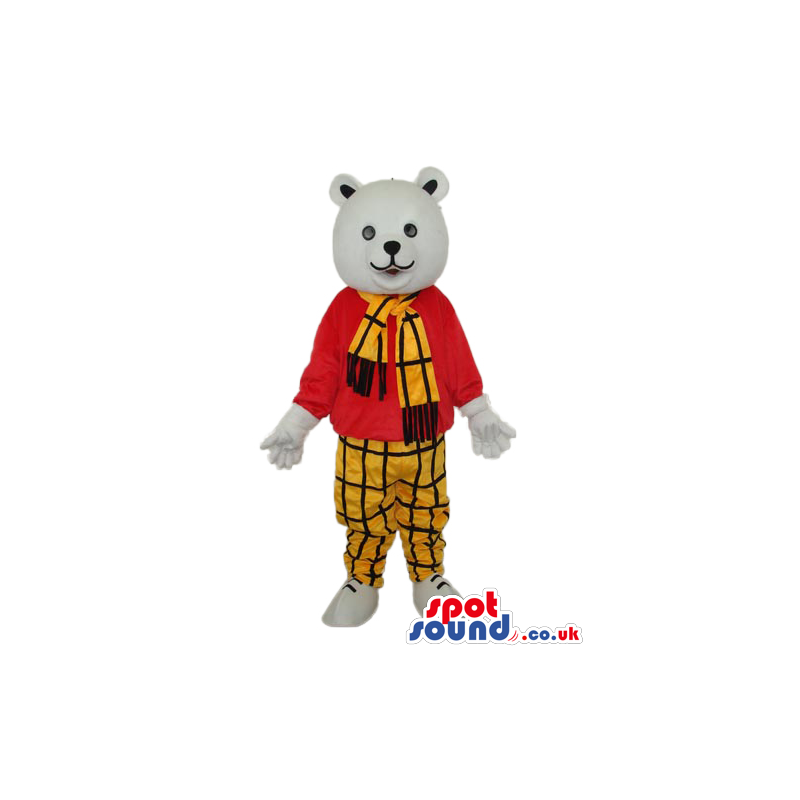 White Bear Plush Mascot Wearing A Checked Scarf And Pants -