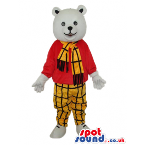 White Bear Plush Mascot Wearing A Checked Scarf And Pants -