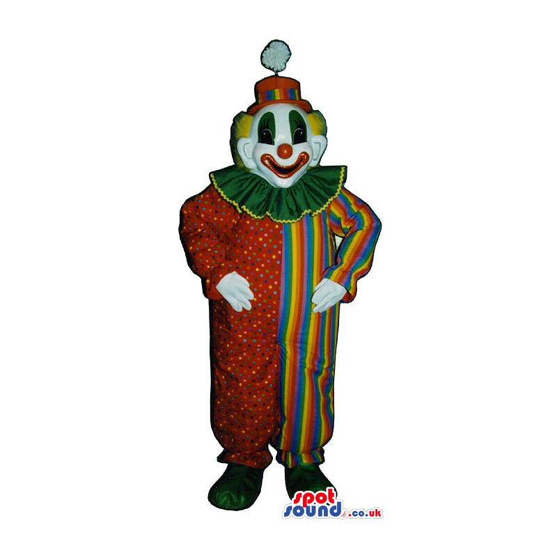 Very Colorful Clown Mascot With Dots, Stripes And A Pompom -