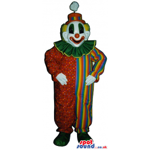Very Colorful Clown Mascot With Dots, Stripes And A Pompom -