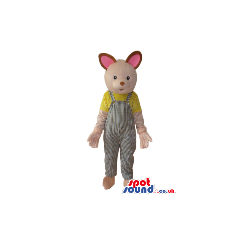 Cute Pink Mouse Plush Mascot Wearing Grey Overalls - Custom