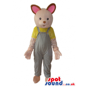 Cute Pink Mouse Plush Mascot Wearing Grey Overalls - Custom