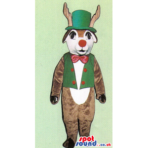 Brown Reindeer Plush Mascot Wearing A Green Hat And Vest -