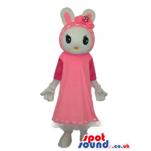 Cute White Girl Mouse Plush Mascot Wearing Pink Dress - Custom