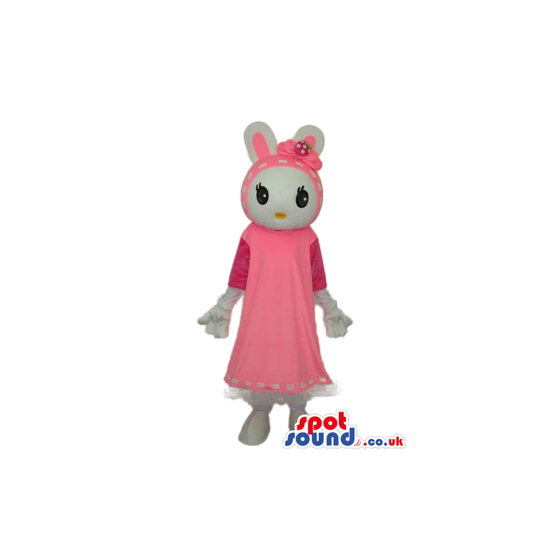 Cute White Girl Mouse Plush Mascot Wearing Pink Dress - Custom