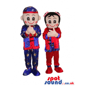 Oriental Boy And Girl Couple Mascot With Shinny Garments -