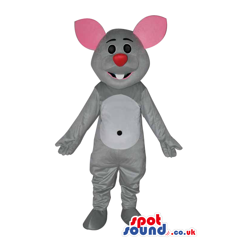 Cute Grey Mouse Mascot With Pink Ears And Red Nose - Custom