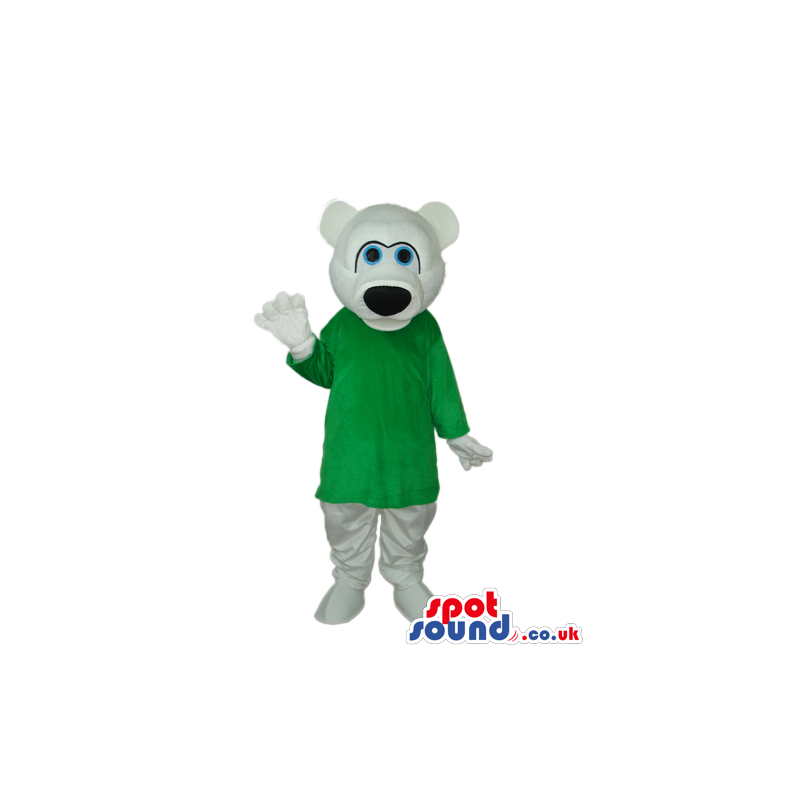 White Bear Plush Mascot Wearing A Green Long Shirt - Custom