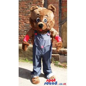 Brown bear mascot with a blue jumper and a check shirt - Custom