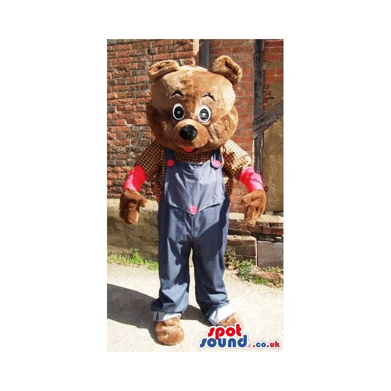 Brown bear mascot with a blue jumper and a check shirt - Custom