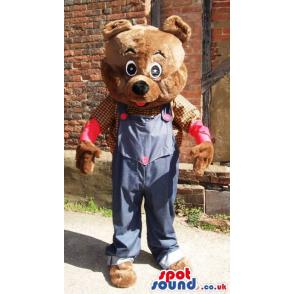 Brown bear mascot with a blue jumper and a check shirt - Custom