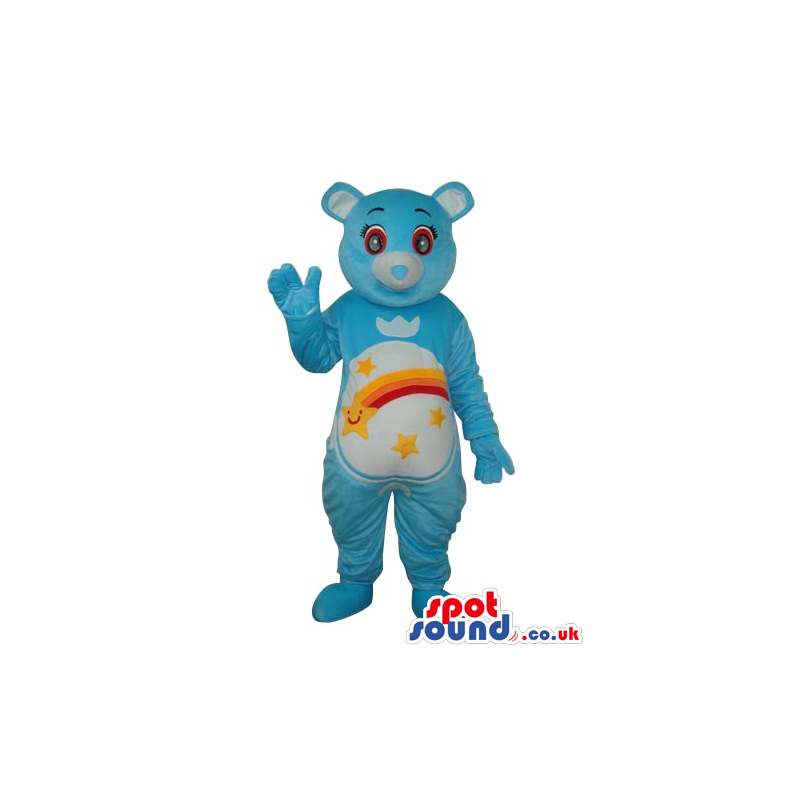 Blue Care Bear Cartoon Mascot With A Colorful Rainbow On Belly