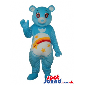 Blue Care Bear Cartoon Mascot With A Colorful Rainbow On Belly