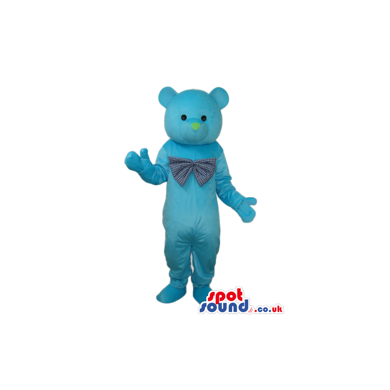 Cute All Blue Teddy Bear Plush Mascot Wearing A Big Bow Tie -