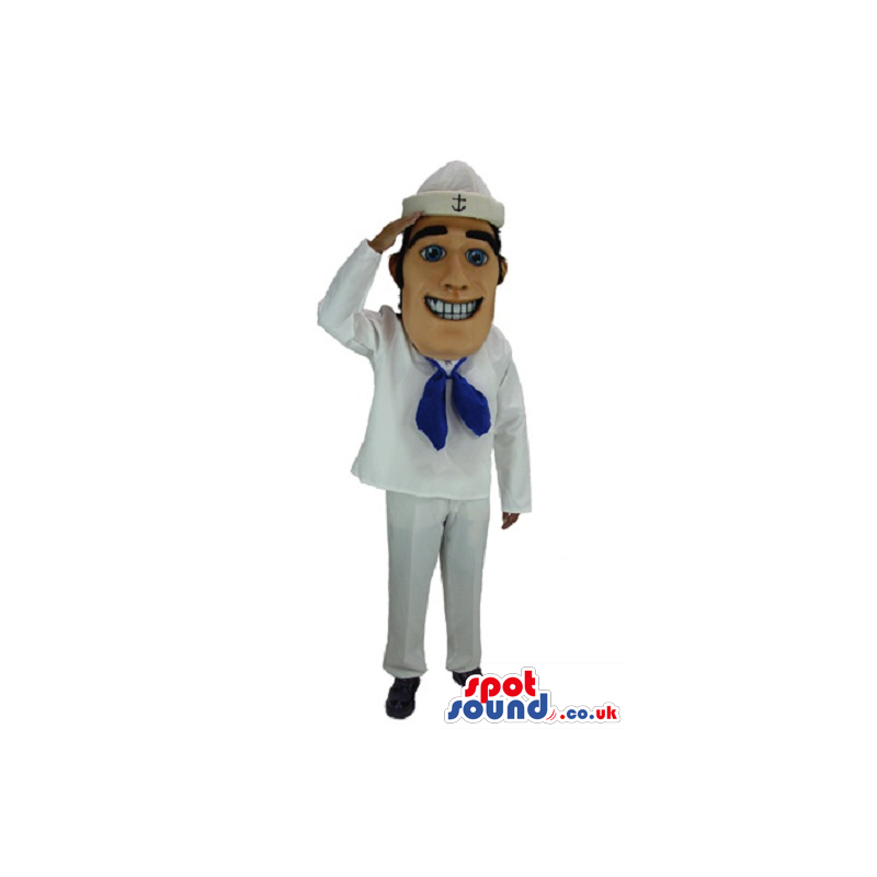 Smiling Sailor Character Mascot With White And Blue Garments -