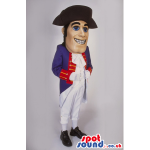 Smiling Napoleon Character Mascot With Blue And Red Garments -