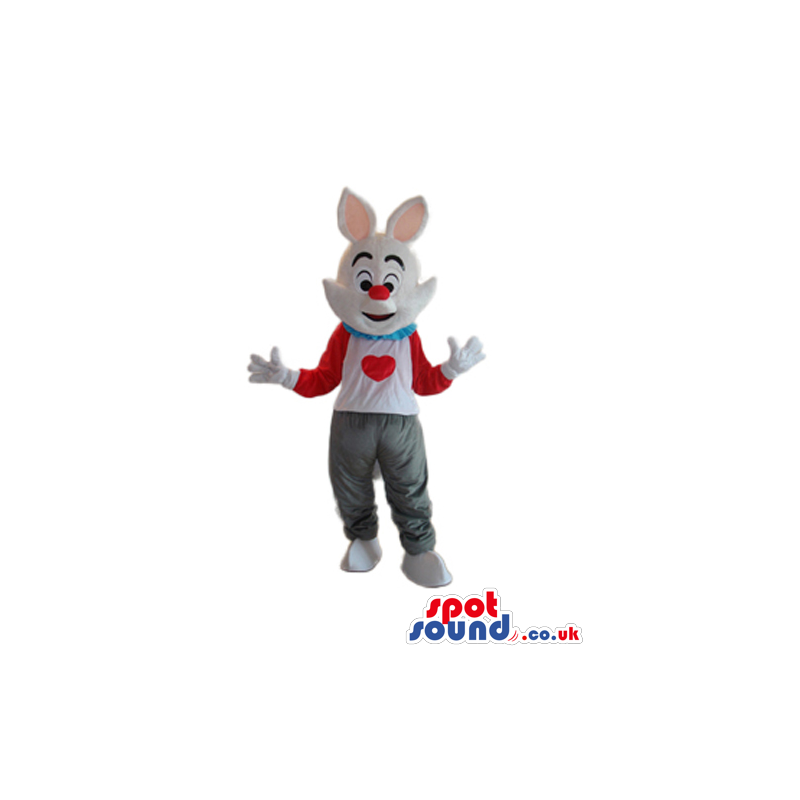 White Rabbit Mascot Wearing White And Red Garments With A Heart