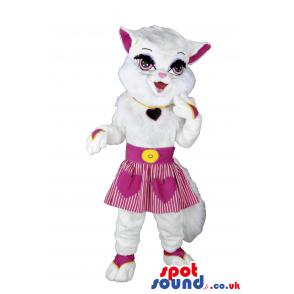 Lady cat mascot in a pink skirt with a small white tail -