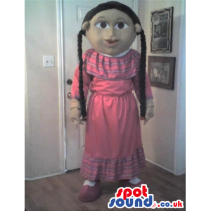 Girl Mascot With Long Braids Wearing A Long Dress - Custom