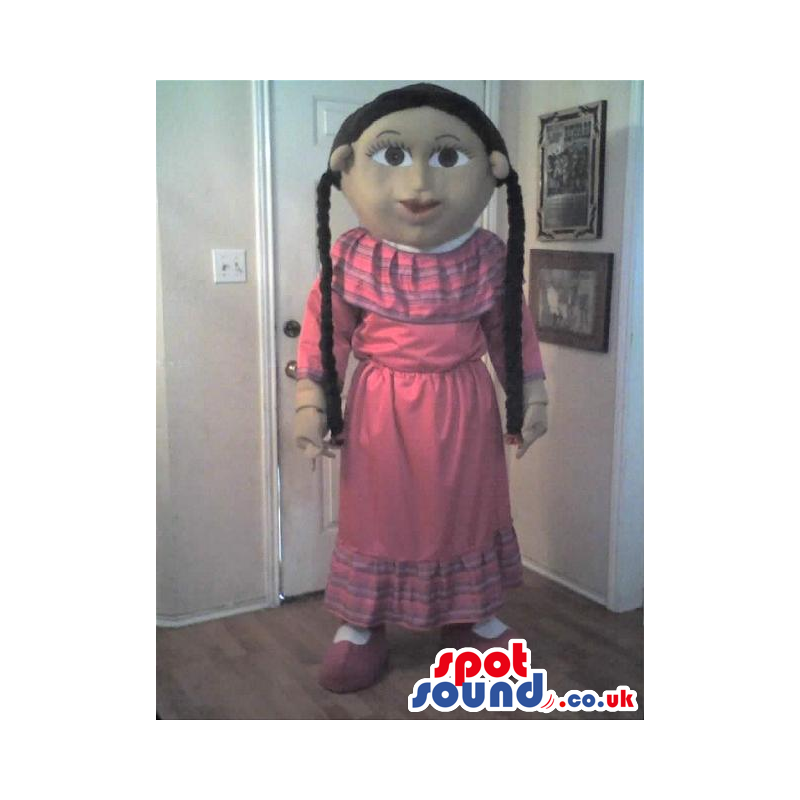 Girl Mascot With Long Braids Wearing A Long Dress - Custom