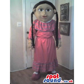 Girl Mascot With Long Braids Wearing A Long Dress - Custom