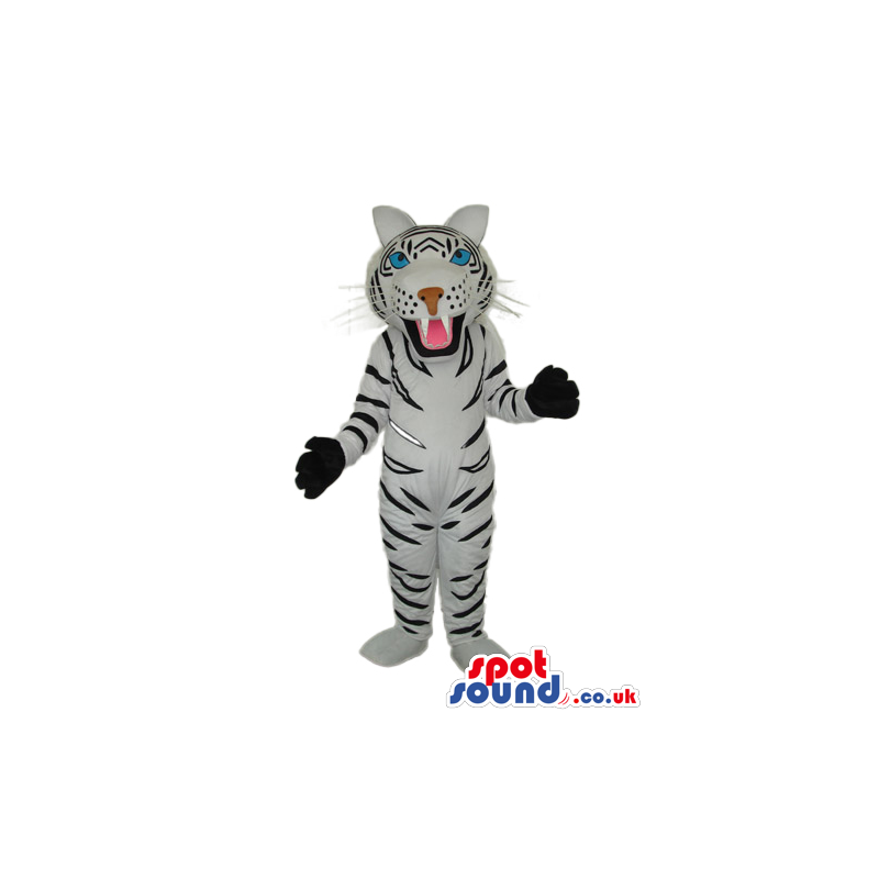 Cute White Tiger Plush Mascot With Black Gloves And Blue Eyes -